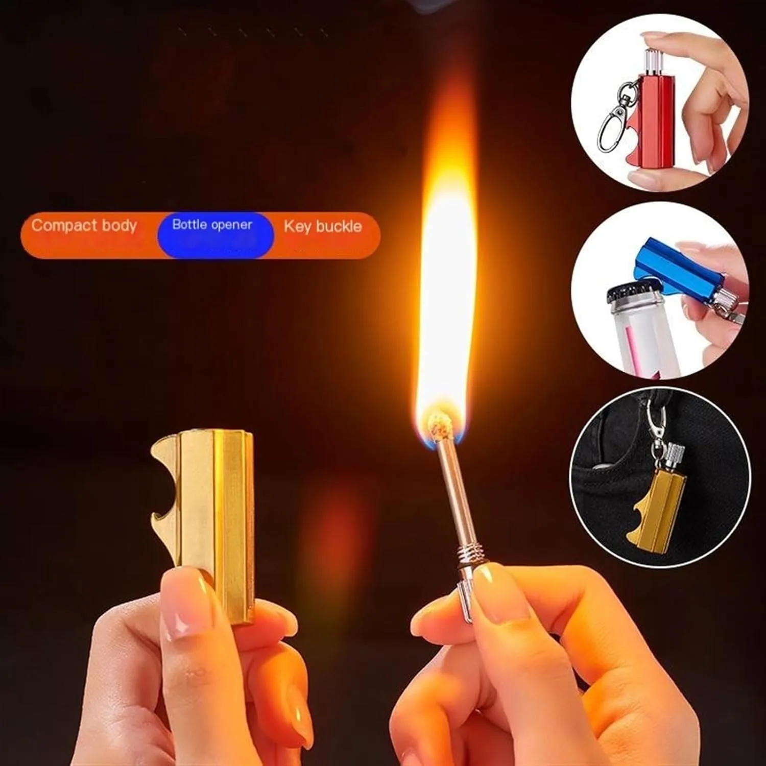 Match Kerosene Lighter with Bottle Opener Metal Keychain Lighter Reusable Waterproof Match Lighter for Camping, Hiking, Traveling, Men's Gift(D)