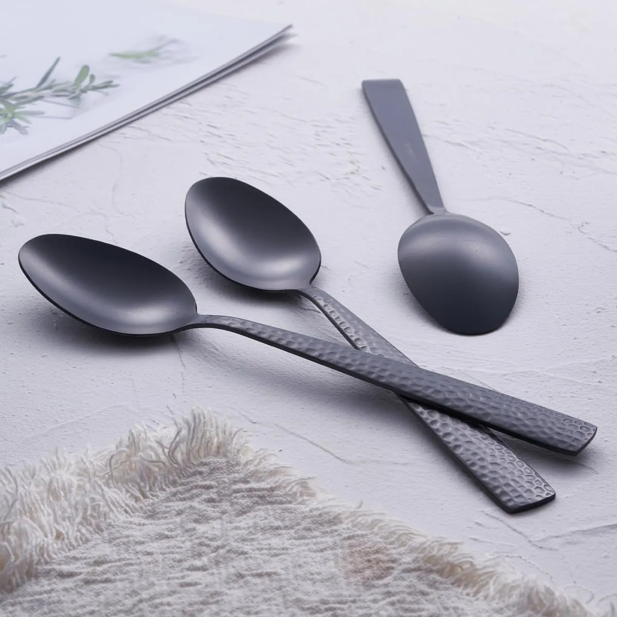 Matte Black 24 Pcs Silverware Flatware Set of 6, FULLYWARE Stainless Steel Hammered Tableware Cutlery Set, Includes Fork Spoon Knife for Home Kitchens, Dishwasher Safe