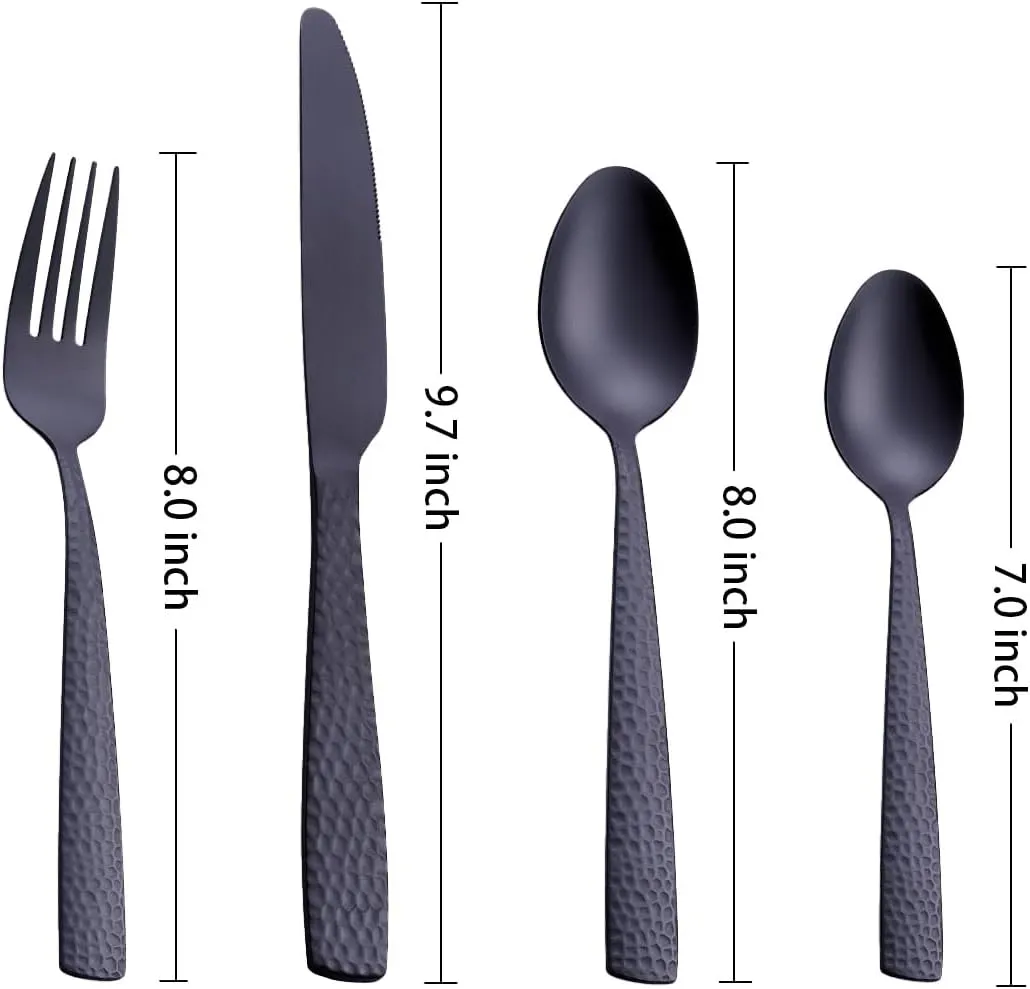 Matte Black 24 Pcs Silverware Flatware Set of 6, FULLYWARE Stainless Steel Hammered Tableware Cutlery Set, Includes Fork Spoon Knife for Home Kitchens, Dishwasher Safe