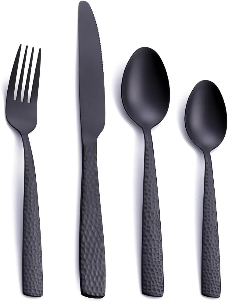 Matte Black 24 Pcs Silverware Flatware Set of 6, FULLYWARE Stainless Steel Hammered Tableware Cutlery Set, Includes Fork Spoon Knife for Home Kitchens, Dishwasher Safe