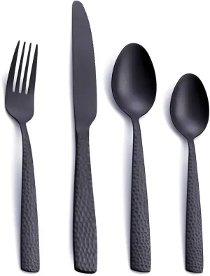 Matte Black 24 Pcs Silverware Flatware Set of 6, FULLYWARE Stainless Steel Hammered Tableware Cutlery Set, Includes Fork Spoon Knife for Home Kitchens, Dishwasher Safe