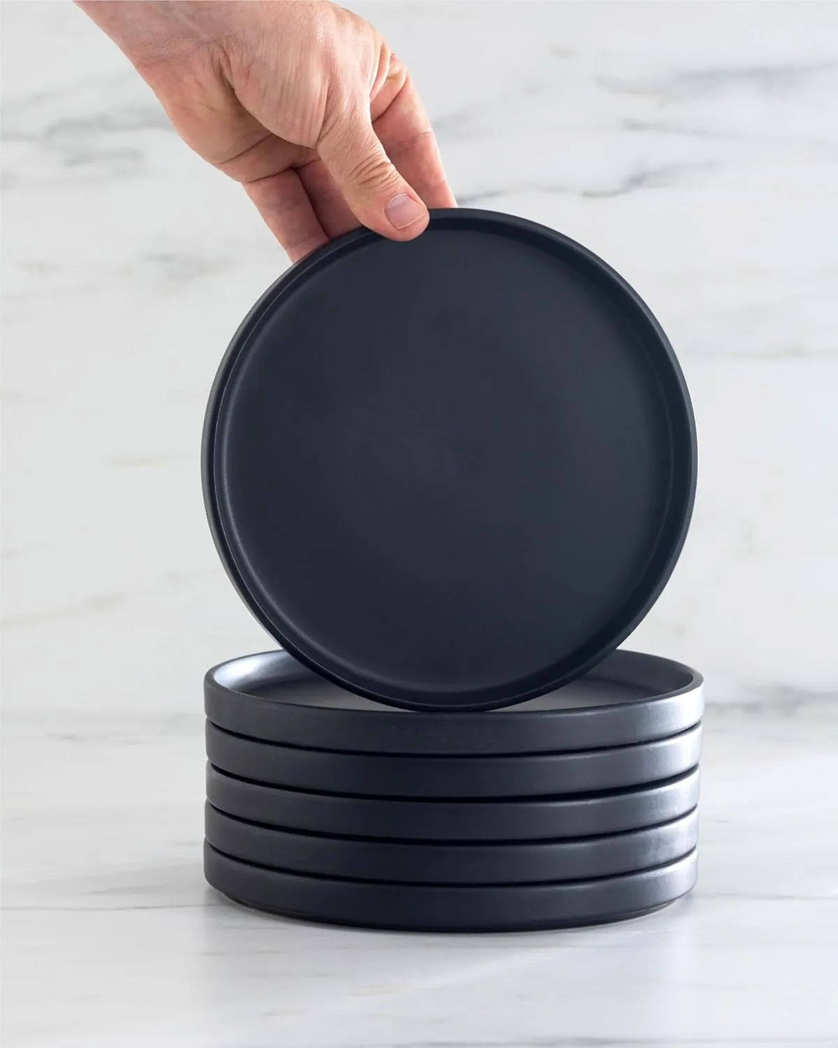 Matte Black Stoneware Dinnerware Set - Stylish Dessert & Appetizer Plates (7.5' Set of 4), Dishwasher & Microwave Safe