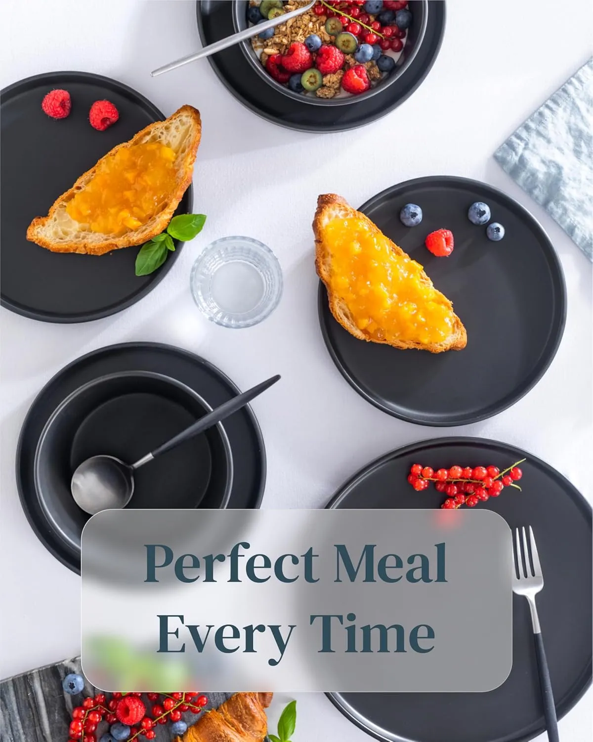 Matte Black Stoneware Dinnerware Set - Stylish Dessert & Appetizer Plates (7.5' Set of 4), Dishwasher & Microwave Safe