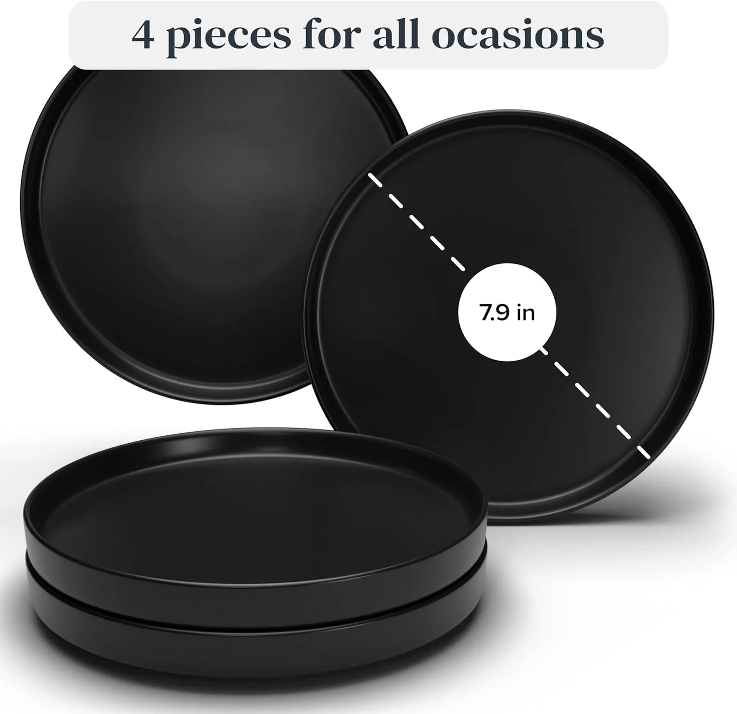 Matte Black Stoneware Dinnerware Set - Stylish Dessert & Appetizer Plates (7.5' Set of 4), Dishwasher & Microwave Safe
