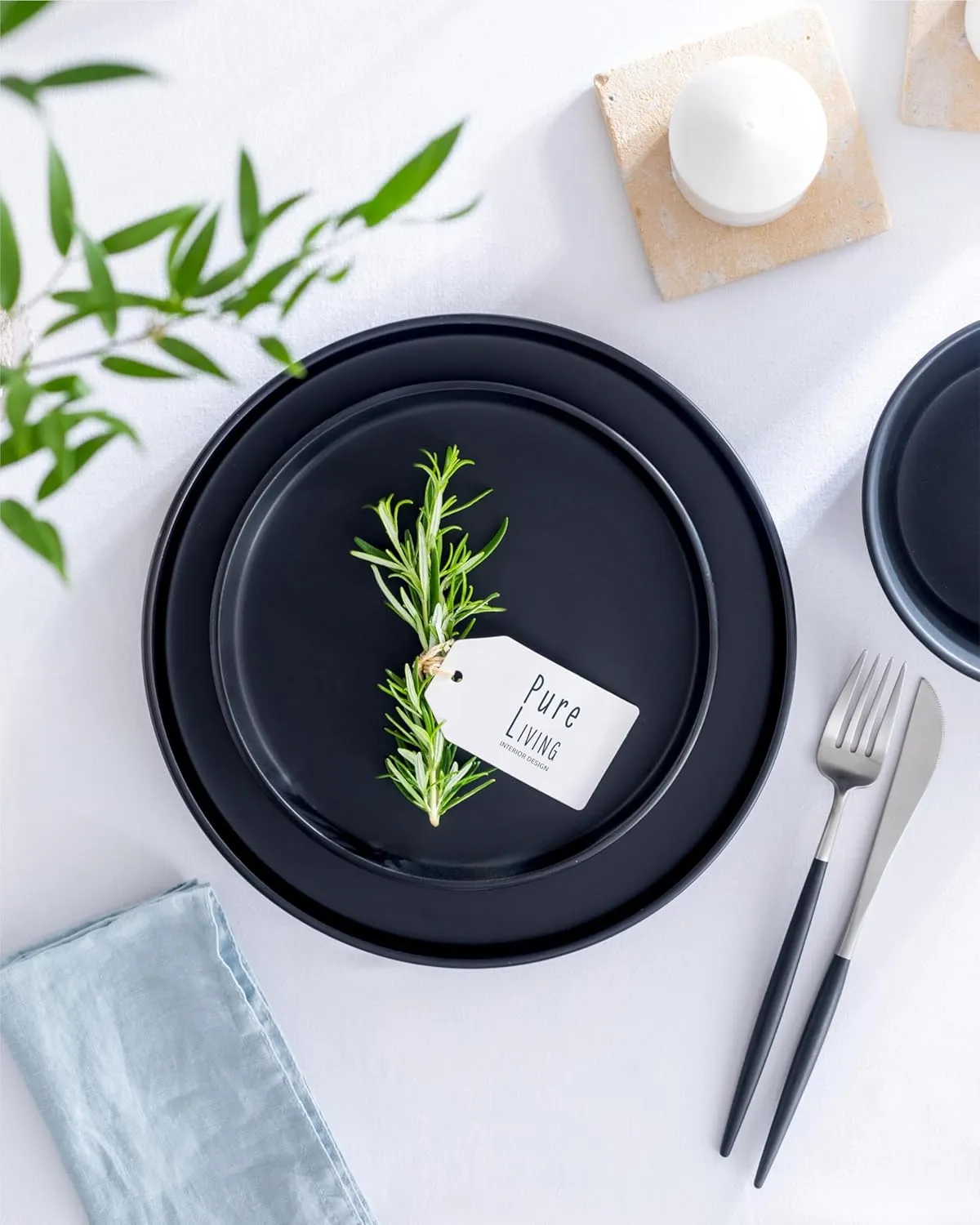 Matte Black Stoneware Dinnerware Set - Stylish Dessert & Appetizer Plates (7.5' Set of 4), Dishwasher & Microwave Safe