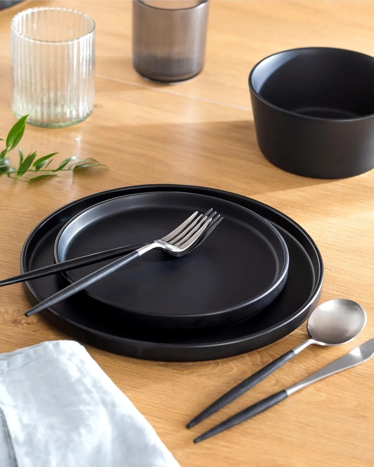 Matte Black Stoneware Dinnerware Set - Stylish Dessert & Appetizer Plates (7.5' Set of 4), Dishwasher & Microwave Safe