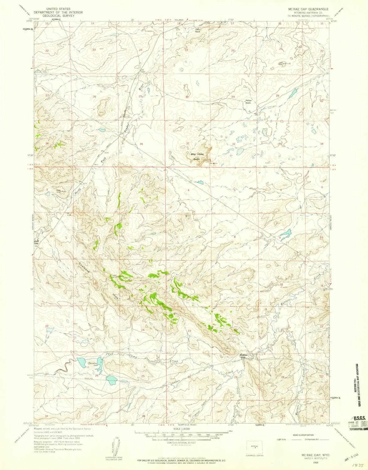 Mc Rae Gap WY topo map, 1:24000 Scale, 7.5 X 7.5 Minute, Historical, 1959, Updated 1960, 26.6 x 20.9 in