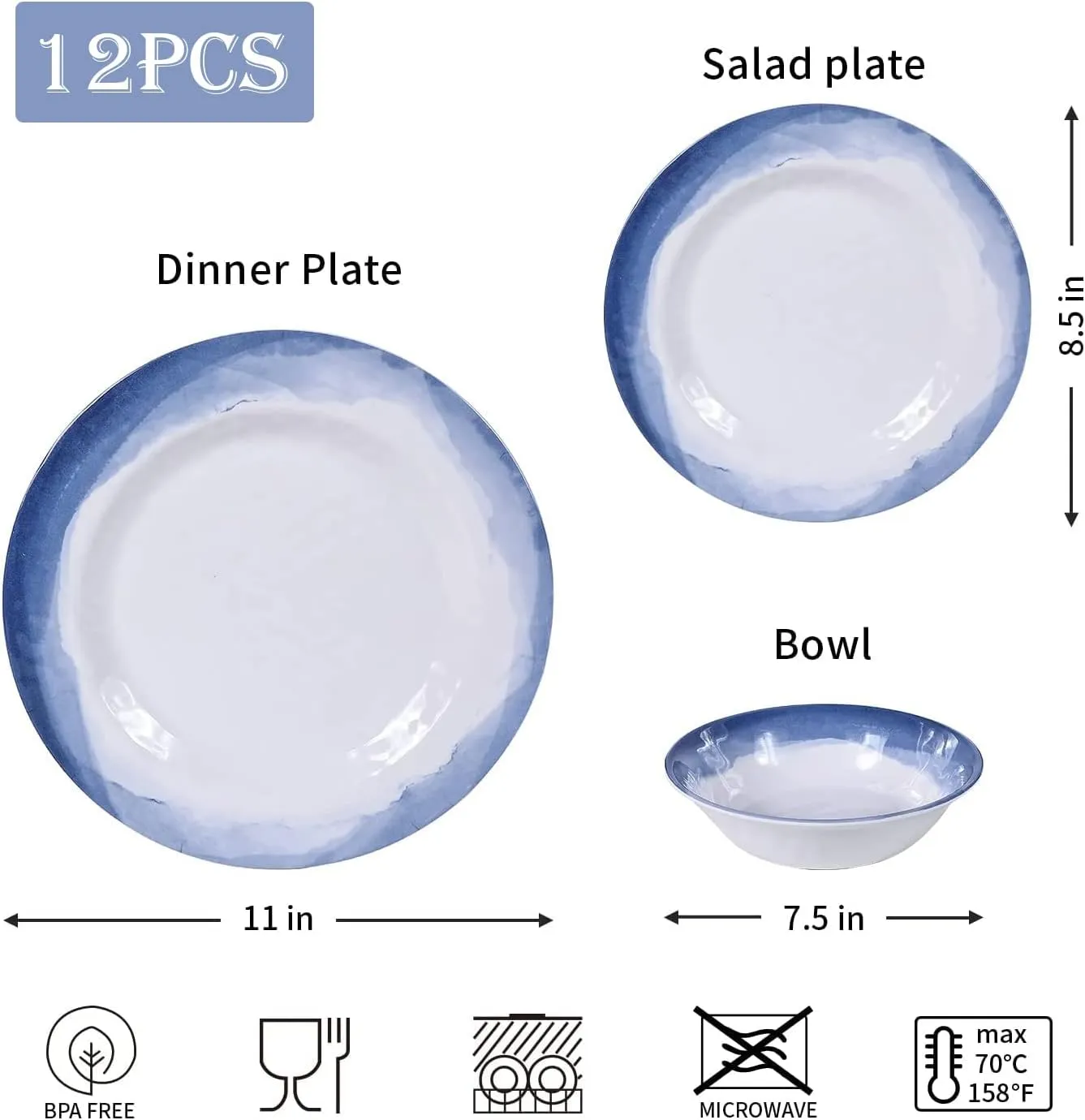 Melamine Dinnerware Sets- 12pcs Melamine Plates and Bowls Set for 4, Suitable for Indoor and Outdoor Use, Blue