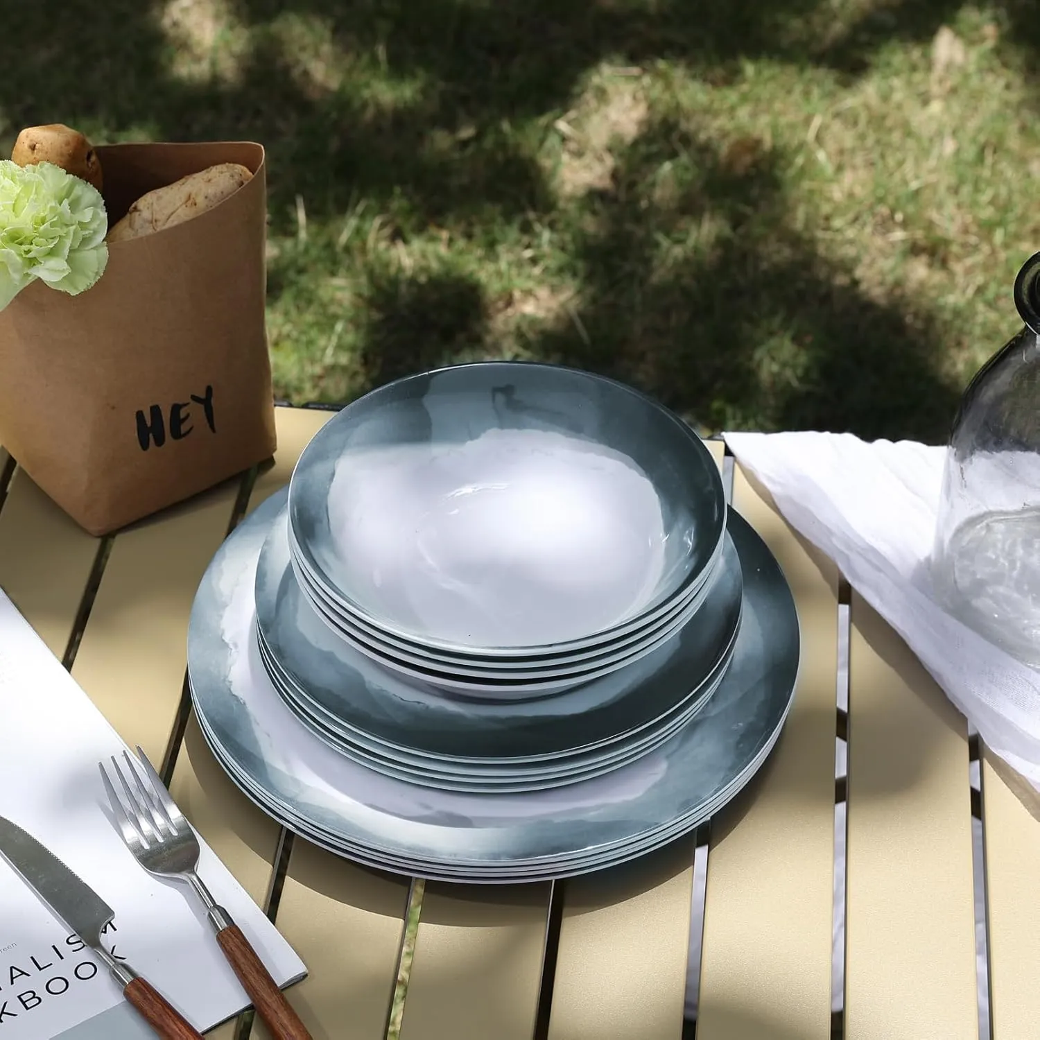 Melamine Dinnerware Sets-12pcs Melamine Plates and Bowls Set for 4, Suitable for Indoor and Outdoor Use, Dark Blue