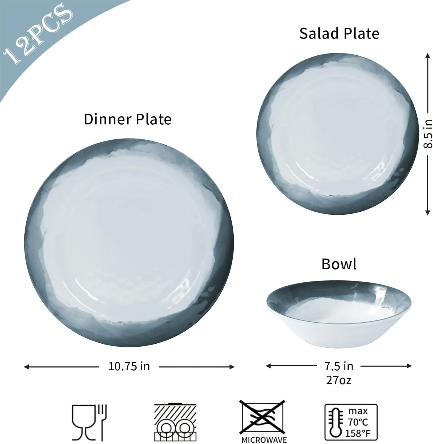 Melamine Dinnerware Sets-12pcs Melamine Plates and Bowls Set for 4, Suitable for Indoor and Outdoor Use, Dark Blue