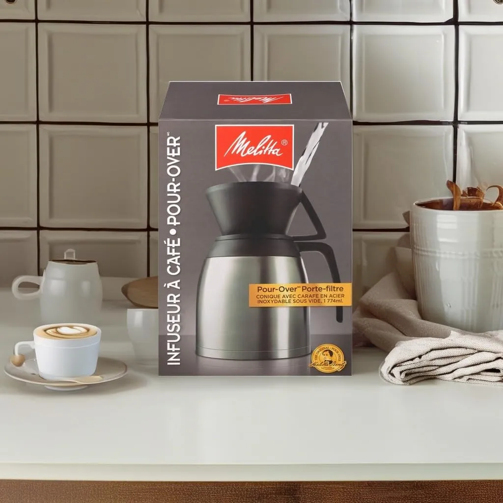 Melitta Pour-Over Coffee Brewer & Stainless Steel Carafe Set with Coffee Filters, 60 Ounce Set