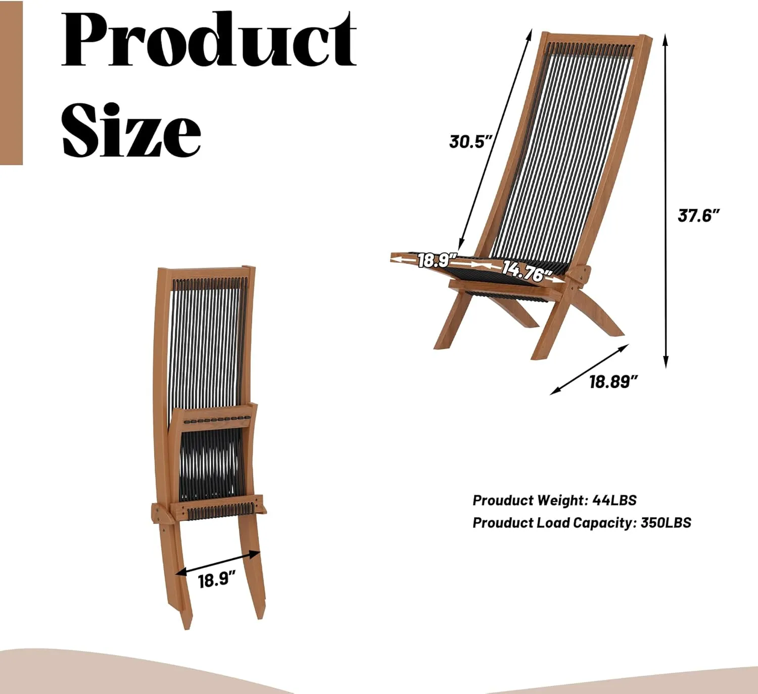 MELLCOM Acacia Wooden Folding Rope Chairs Set of 2, Low Profile Lounge Chair for Outdoor, Patio, Balcony, Pool Side and Porch, Brown