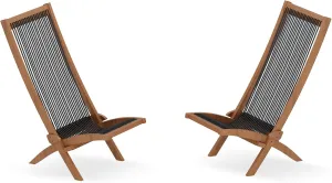 MELLCOM Acacia Wooden Folding Rope Chairs Set of 2, Low Profile Lounge Chair for Outdoor, Patio, Balcony, Pool Side and Porch, Brown