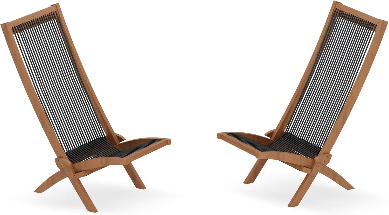 MELLCOM Acacia Wooden Folding Rope Chairs Set of 2, Low Profile Lounge Chair for Outdoor, Patio, Balcony, Pool Side and Porch, Brown