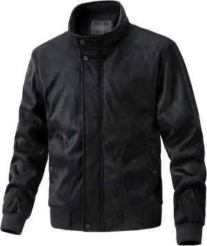 Men's Classic Leather Suede Jacket Stand Collar Soft Bomber Varsity Jackets Faux Suede Warm Vintage Men Coats