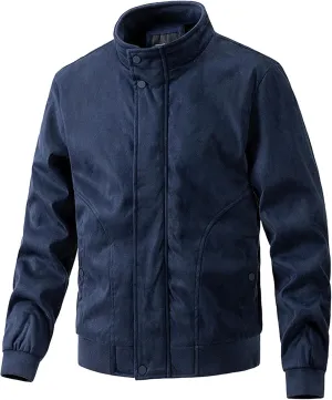 Men's Classic Leather Suede Jacket Stand Collar Soft Bomber Varsity Jackets Faux Suede Warm Vintage Men Coats