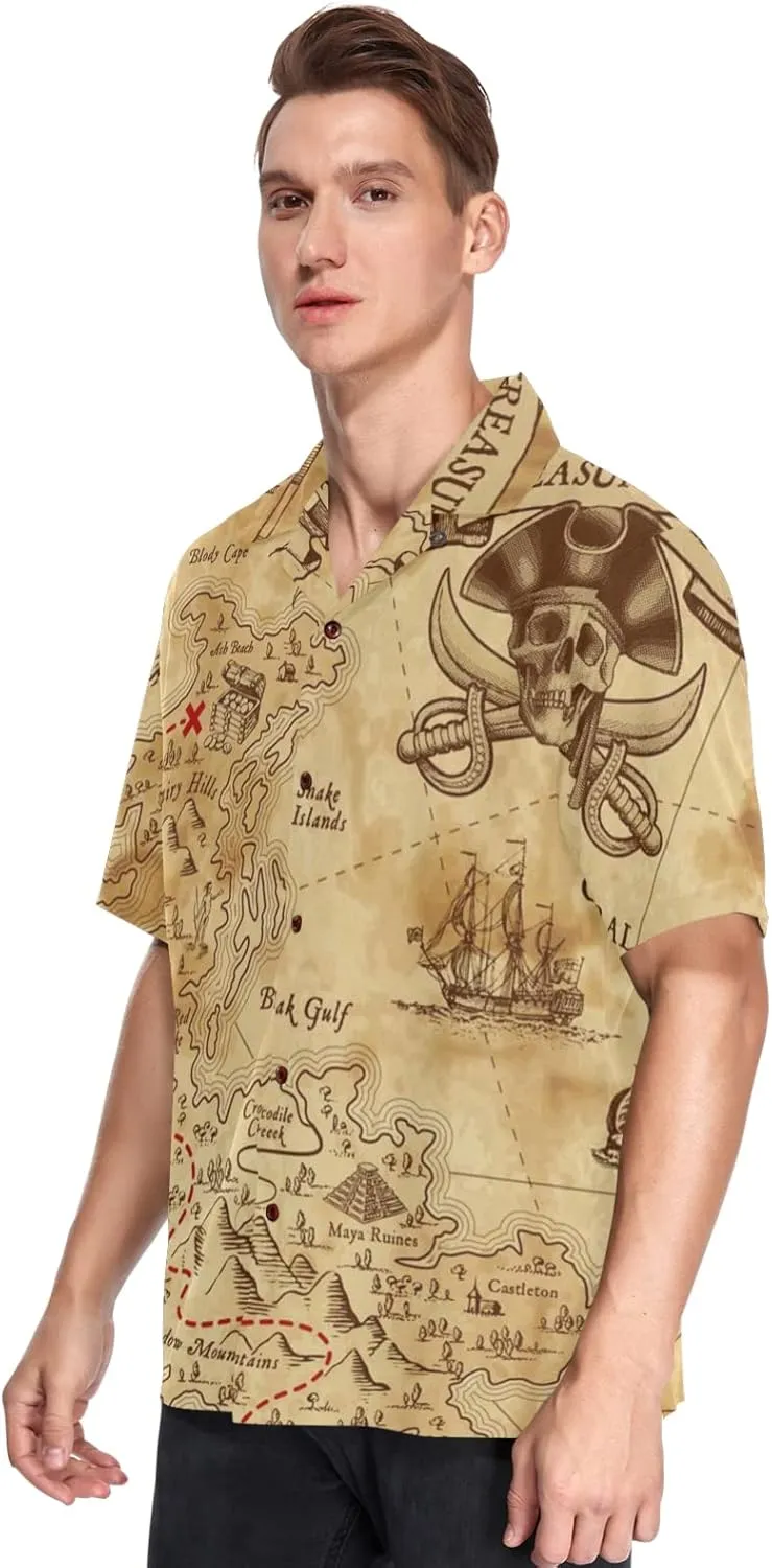 Men's Hawaiian Shirts Retro Antique Pirates Adventure Treasure Map Compass Short Sleeve Beach Shirt Button Down Summer Shirts