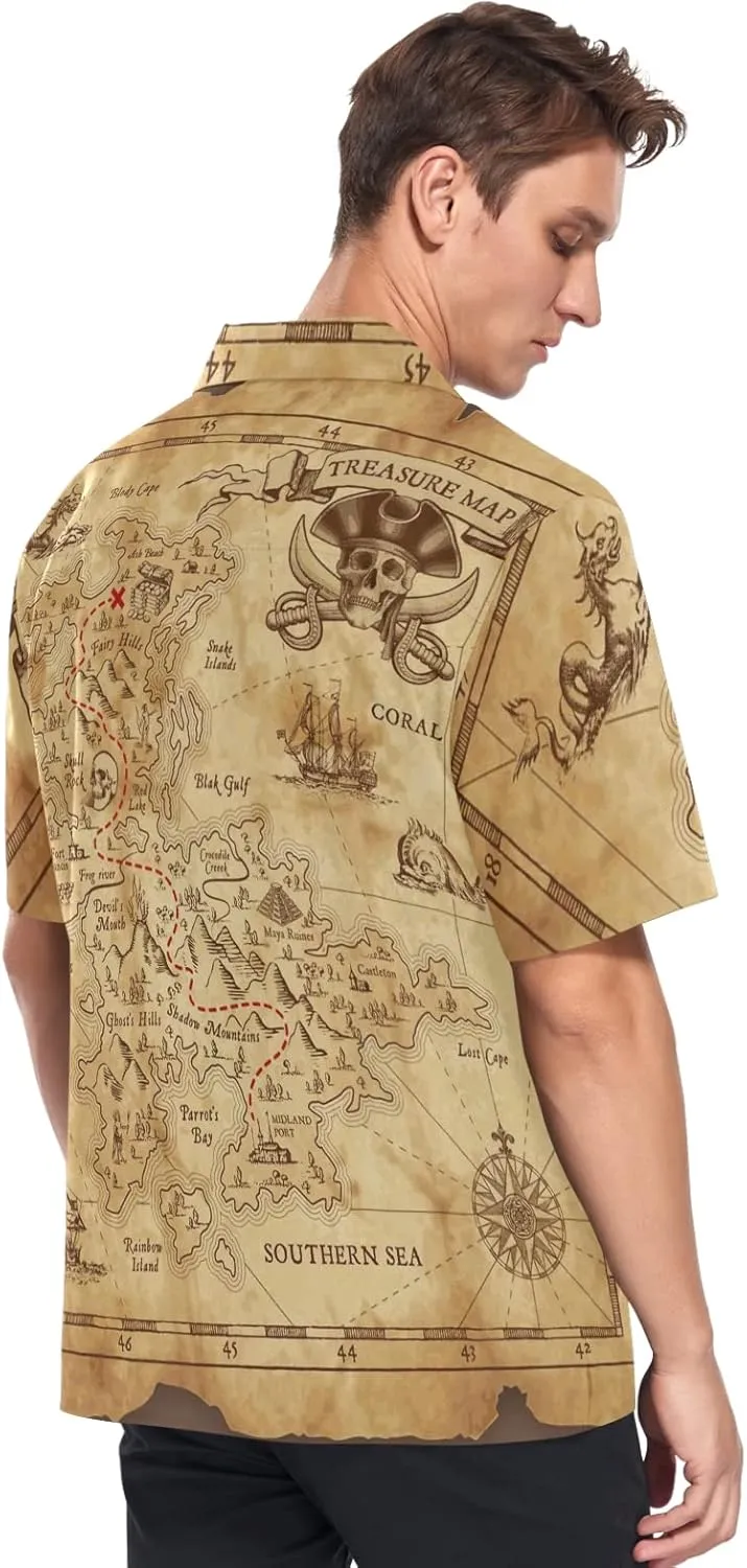 Men's Hawaiian Shirts Retro Antique Pirates Adventure Treasure Map Compass Short Sleeve Beach Shirt Button Down Summer Shirts