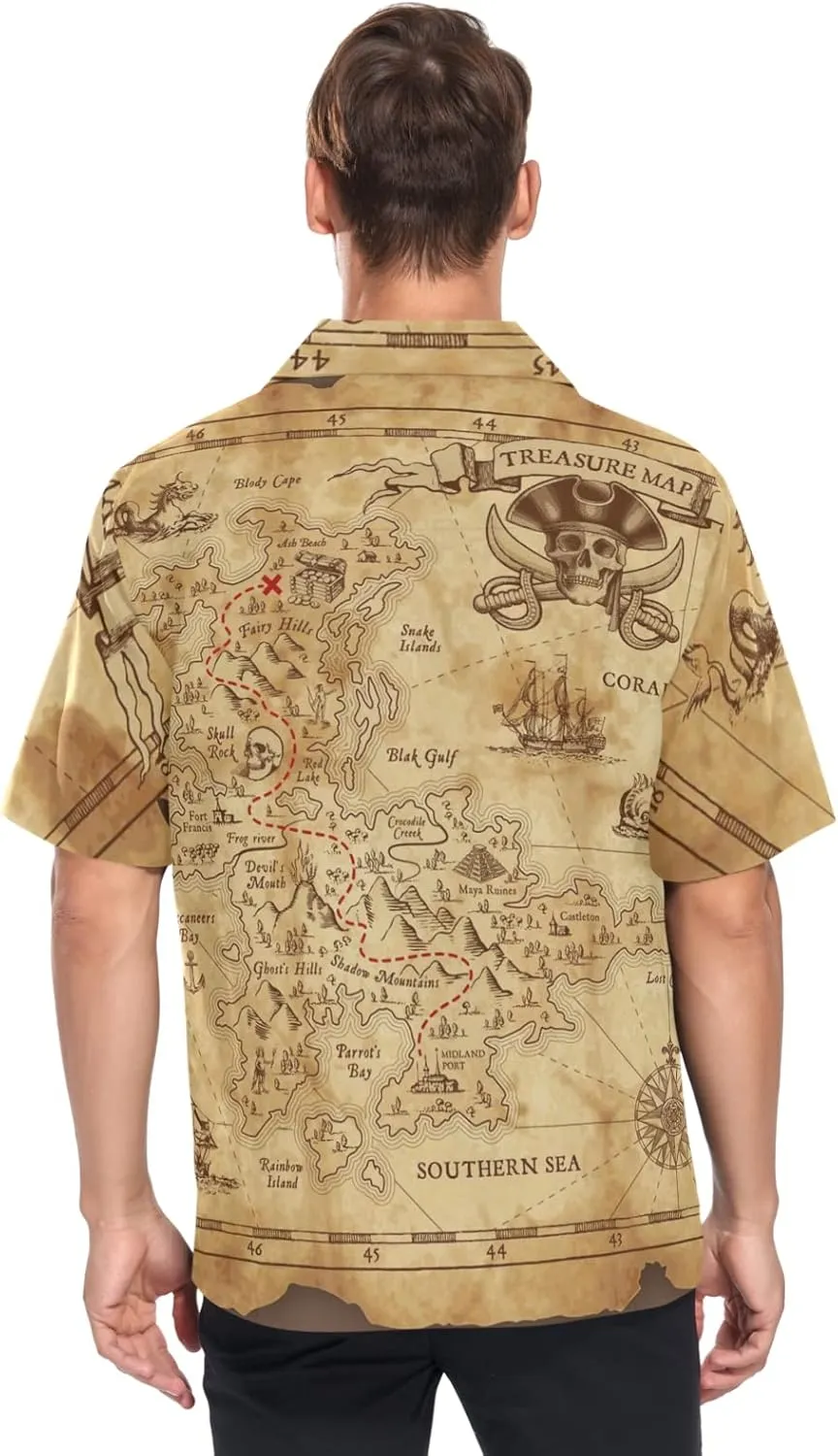 Men's Hawaiian Shirts Retro Antique Pirates Adventure Treasure Map Compass Short Sleeve Beach Shirt Button Down Summer Shirts