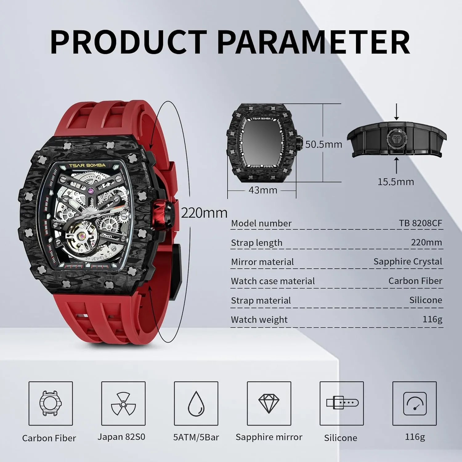 Mens Luxury Watch Automatic Watches for Men 50M Waterproof Japanese Mechanical Movement Tonneau Stainless Steel Case Sapphire Glass Big Face Watch Cool Unique Fashion Gift for Men