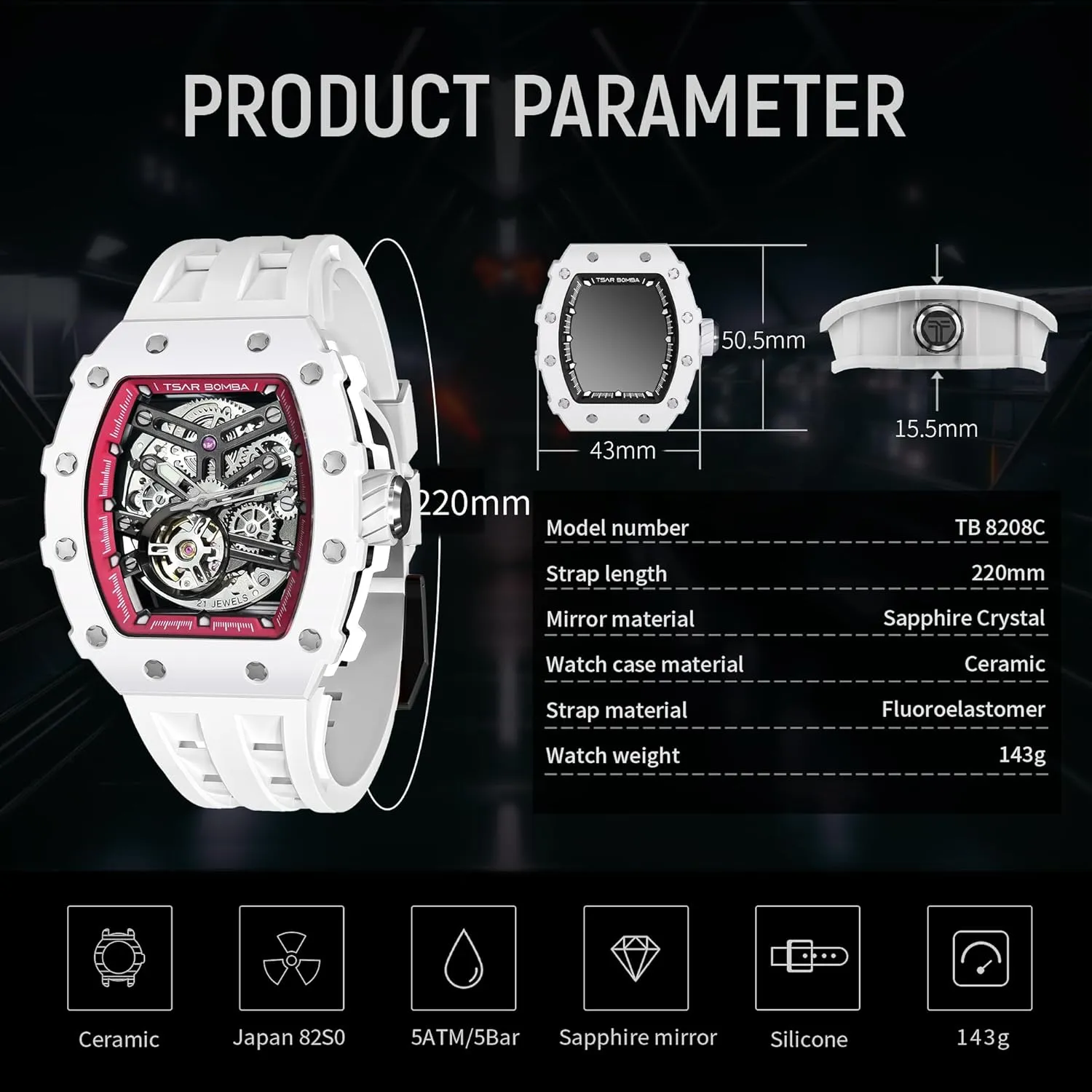 Mens Luxury Watch Automatic Watches for Men 50M Waterproof Japanese Mechanical Movement Tonneau Stainless Steel Case Sapphire Glass Big Face Watch Cool Unique Fashion Gift for Men