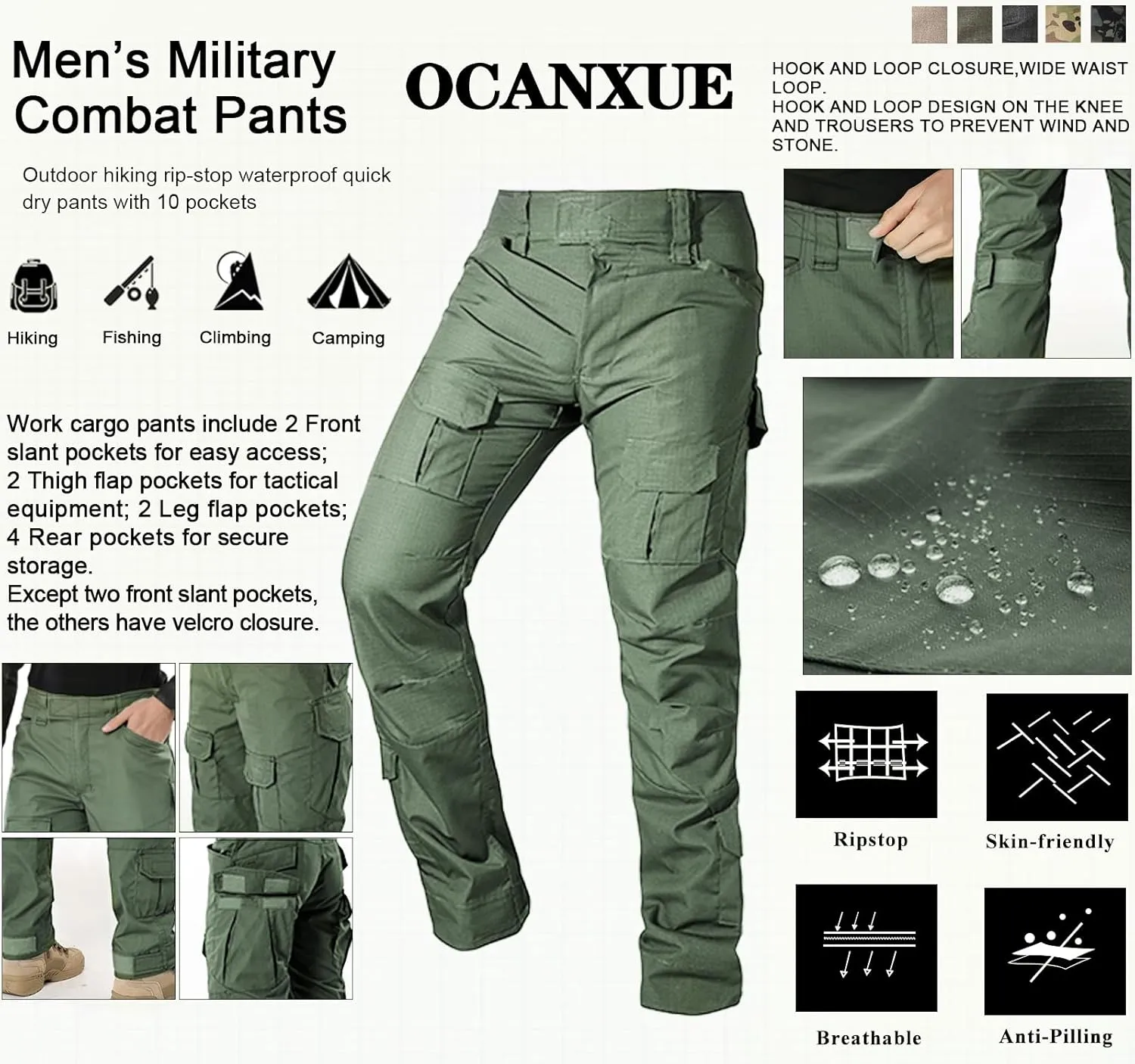Men's Tactical Pants Camo Cargo Pants Ripstop Work Hiking Pants with 10 Pockets No Belt