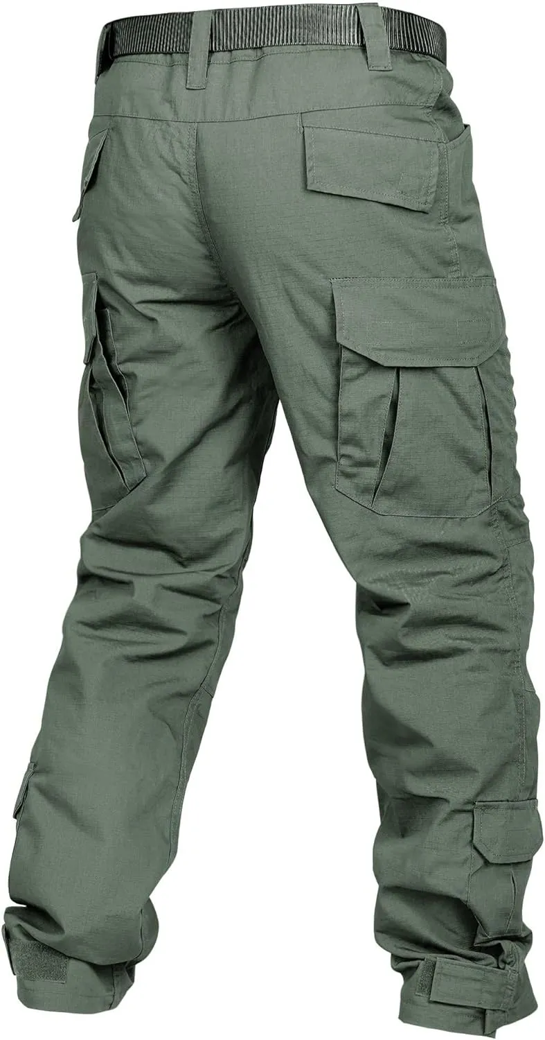 Men's Tactical Pants Camo Cargo Pants Ripstop Work Hiking Pants with 10 Pockets No Belt