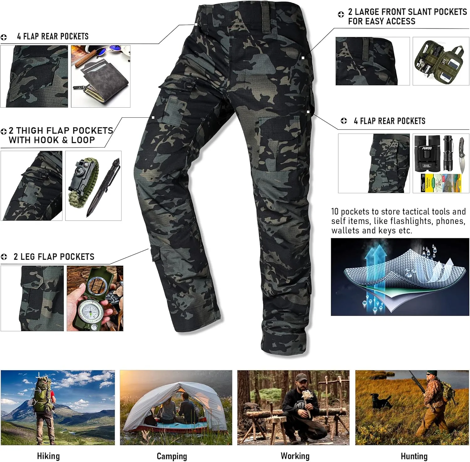 Men's Tactical Pants Camo Cargo Pants Ripstop Work Hiking Pants with 10 Pockets No Belt