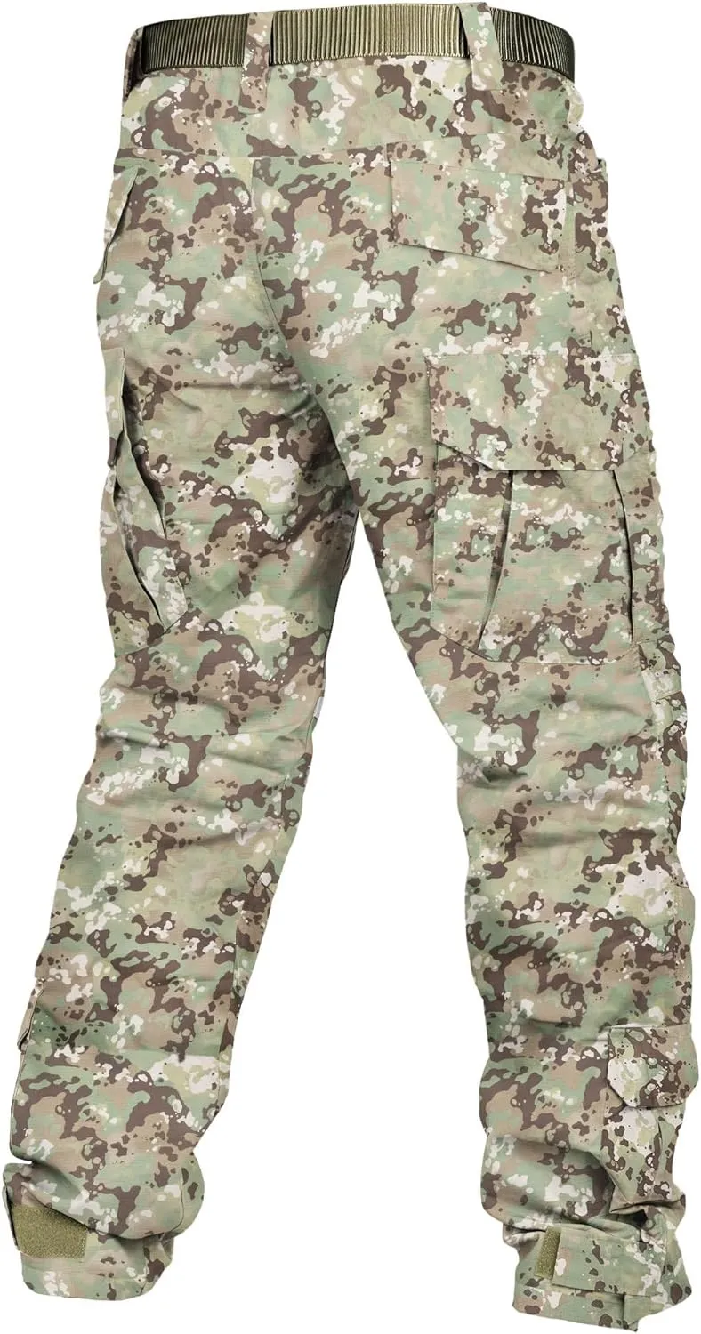 Men's Tactical Pants Camo Cargo Pants Ripstop Work Hiking Pants with 10 Pockets No Belt