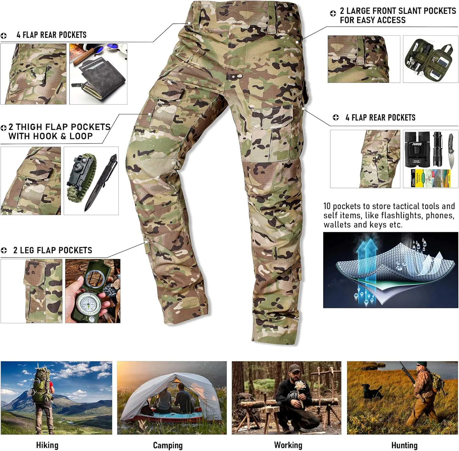 Men's Tactical Pants Camo Cargo Pants Ripstop Work Hiking Pants with 10 Pockets No Belt