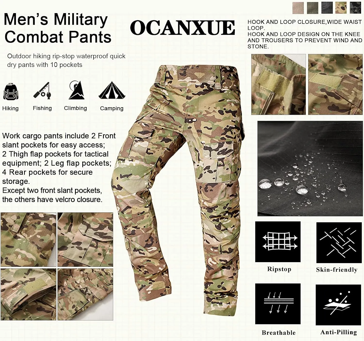Men's Tactical Pants Camo Cargo Pants Ripstop Work Hiking Pants with 10 Pockets No Belt