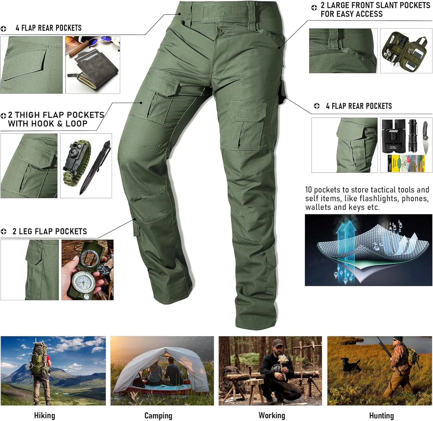 Men's Tactical Pants Camo Cargo Pants Ripstop Work Hiking Pants with 10 Pockets No Belt