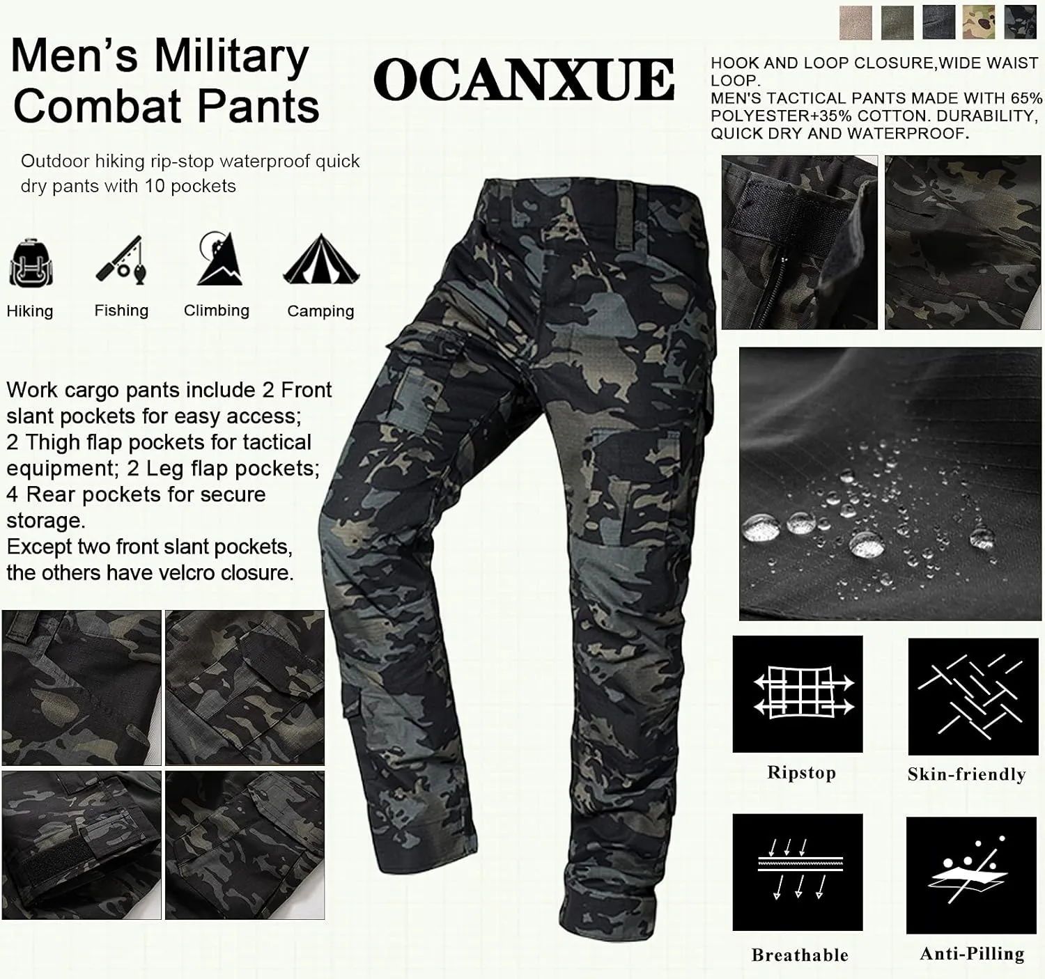 Men's Tactical Pants Camo Cargo Pants Ripstop Work Hiking Pants with 10 Pockets No Belt