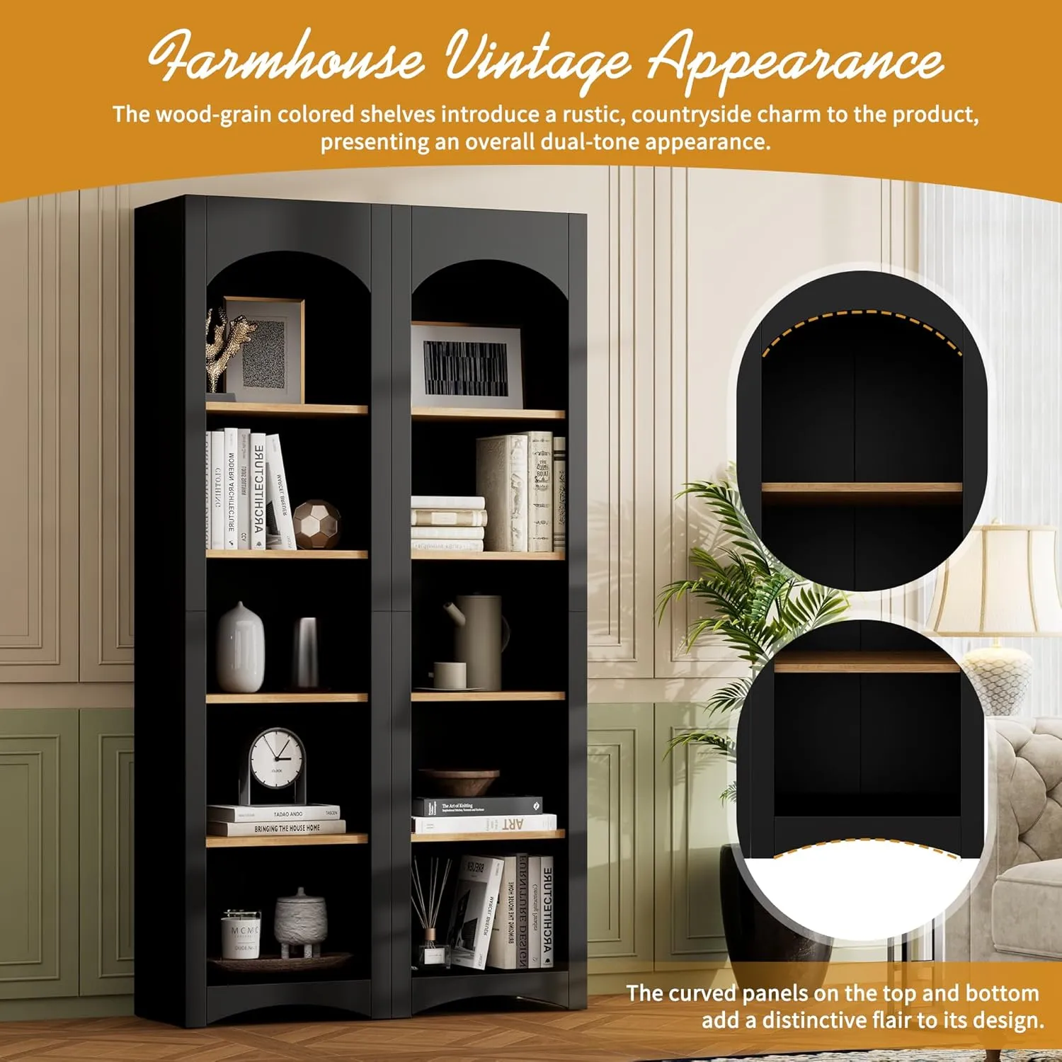 Merax Modern Wood 5 Tier Bookshelves, Bookcases Set of 2, Farmhouse Two-Tone Storage Cabinet with Adjustable Shelves, 72" H Kitchen Pantry Cabinets for Living Room, Home Office, Black