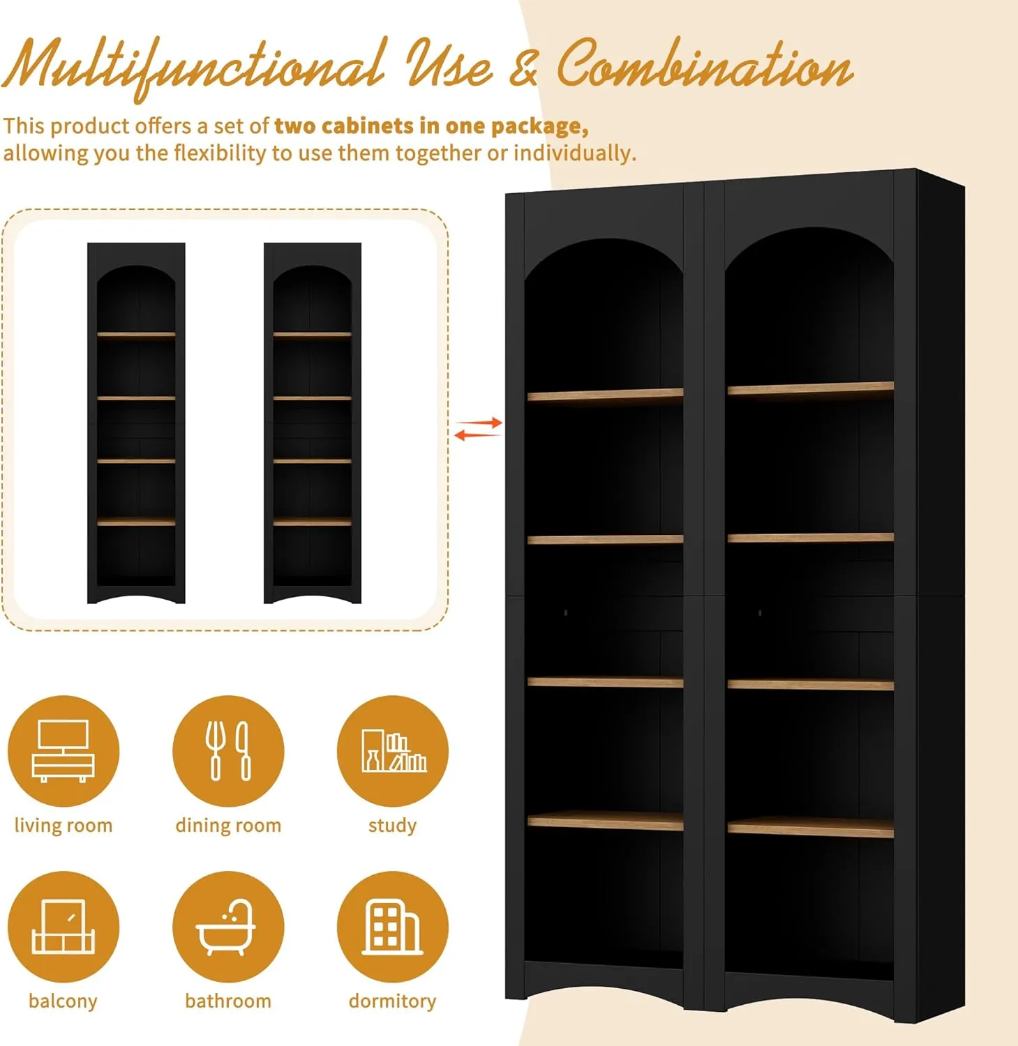 Merax Modern Wood 5 Tier Bookshelves, Bookcases Set of 2, Farmhouse Two-Tone Storage Cabinet with Adjustable Shelves, 72" H Kitchen Pantry Cabinets for Living Room, Home Office, Black