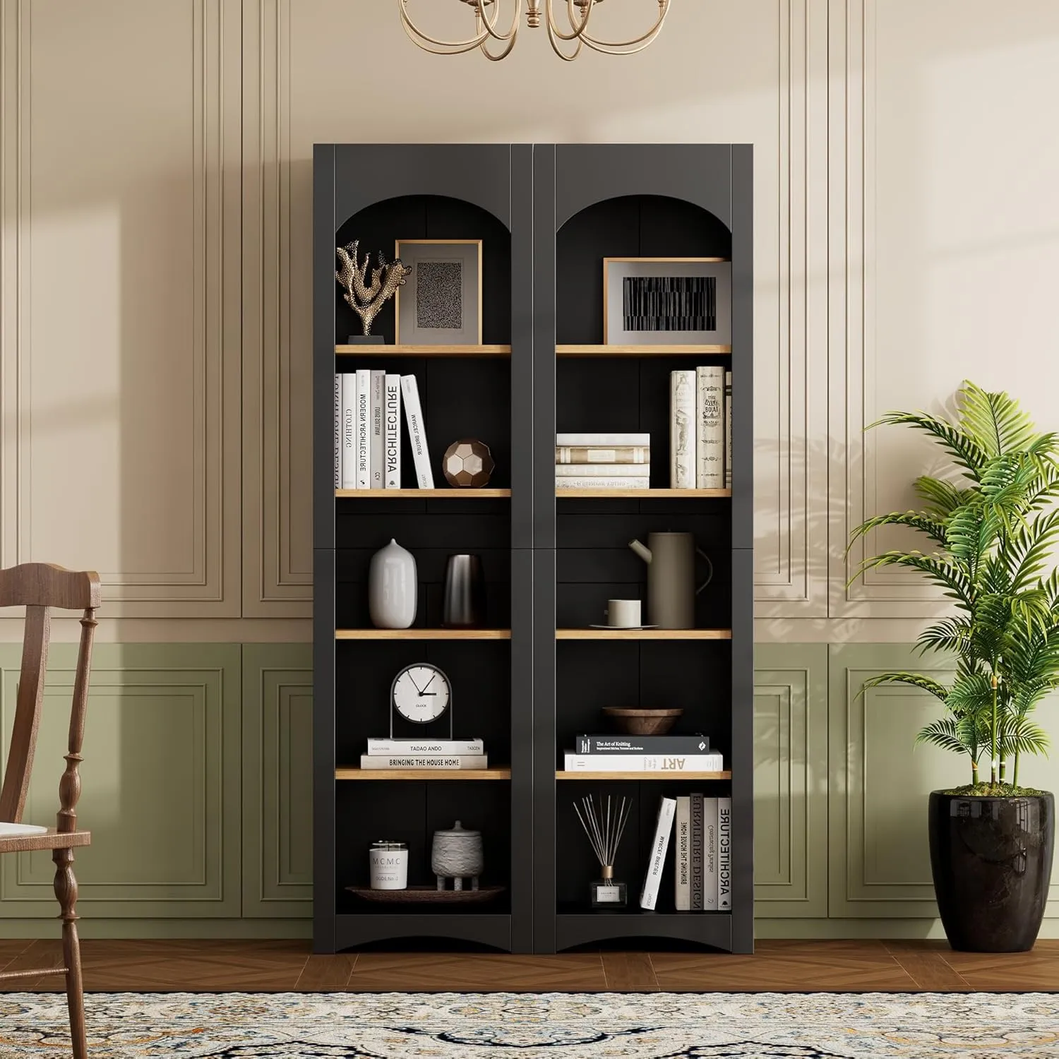 Merax Modern Wood 5 Tier Bookshelves, Bookcases Set of 2, Farmhouse Two-Tone Storage Cabinet with Adjustable Shelves, 72" H Kitchen Pantry Cabinets for Living Room, Home Office, Black