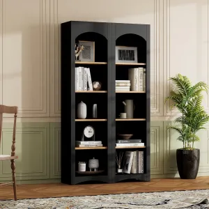 Merax Modern Wood 5 Tier Bookshelves, Bookcases Set of 2, Farmhouse Two-Tone Storage Cabinet with Adjustable Shelves, 72" H Kitchen Pantry Cabinets for Living Room, Home Office, Black