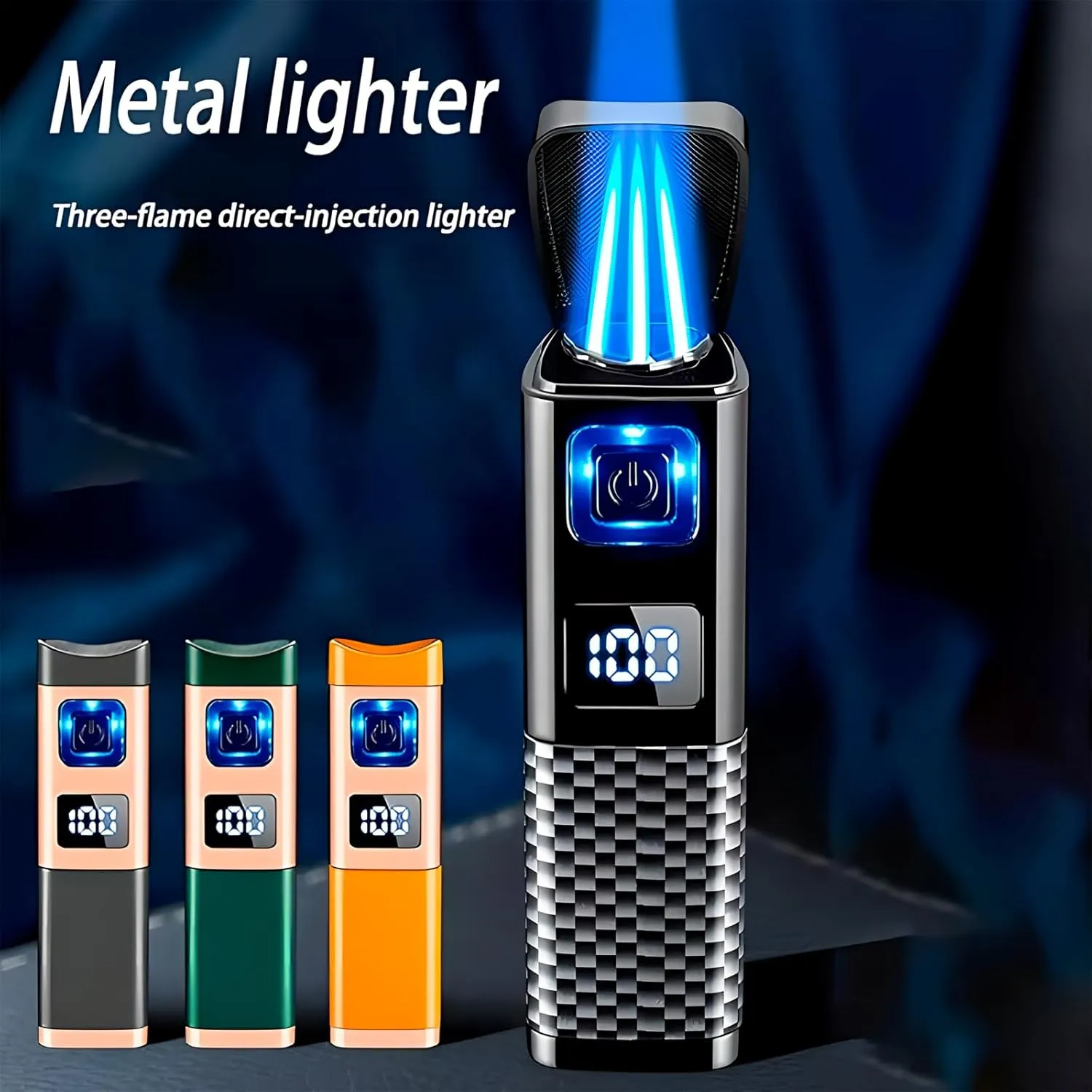 Metal Jet Flame Lighter - Triple Jet Flame Refillable Butane Windproof Lighter with Punch Rest Holder (3 pcs)