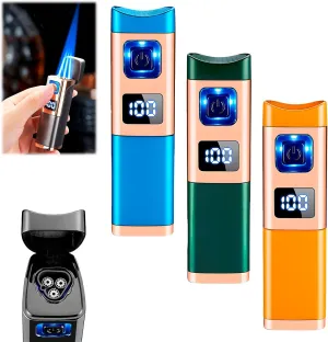 Metal Jet Flame Lighter - Triple Jet Flame Refillable Butane Windproof Lighter with Punch Rest Holder (3 pcs)