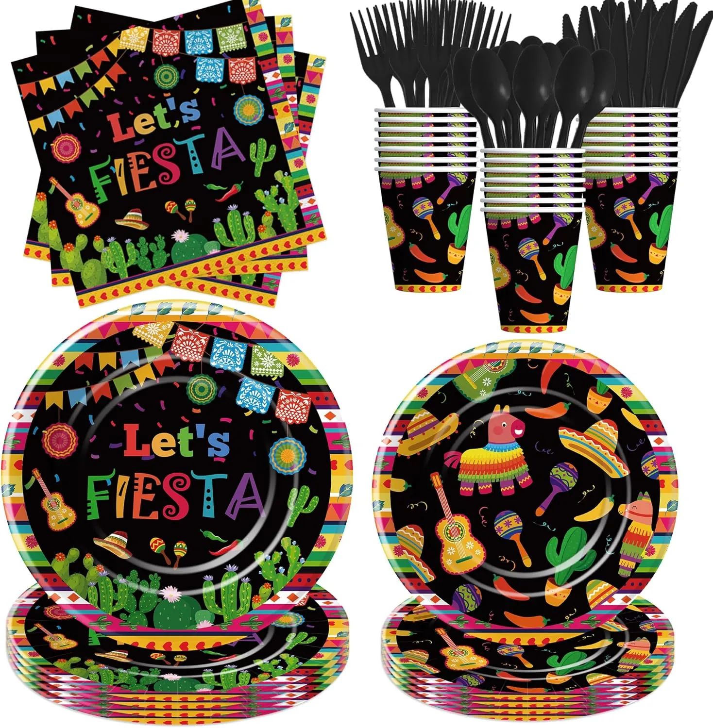 Mexican Fiesta Party Decorations Tableware - Fiesta Party Supplies, Plate, Cup, Napkin, Disposable Cutlery, Mexican Cinco De Mayo Decorations Dinnerware For Birthday Baby Shower | Serve 24