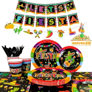 Mexican Themed Fiesta Party Supplies,161pcs Mexican Party Paper Tableware Set Includes Mexican Fiesta Plates Cups Napkins Tablecloth and Banner etc Fiesta Party Decorations Tableware, for 20 Guests