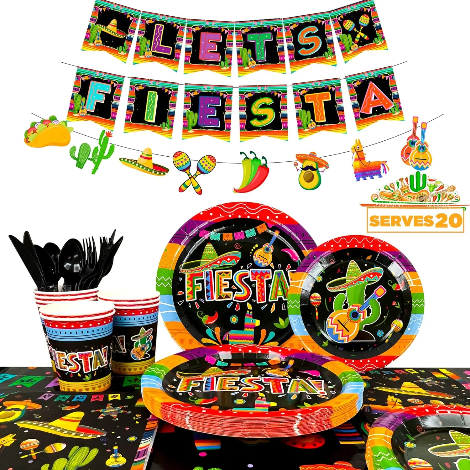 Mexican Themed Fiesta Party Supplies,161pcs Mexican Party Paper Tableware Set Includes Mexican Fiesta Plates Cups Napkins Tablecloth and Banner etc Fiesta Party Decorations Tableware, for 20 Guests
