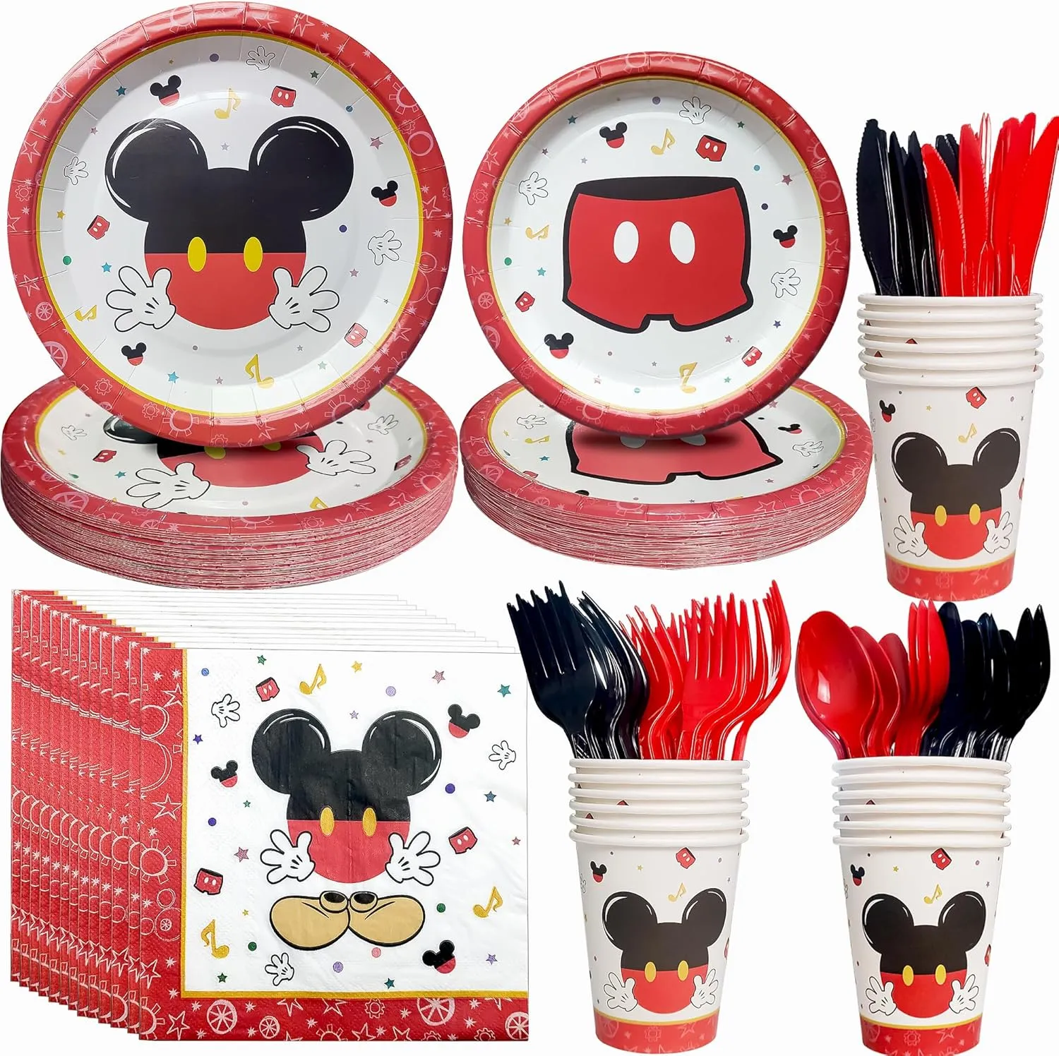 Mickey Birthday Party Supplies - Mickey Birthday Decorations Tableware, Dinner Plate, Dessert Plate, Napkin, Cup, Cutlery, Straw, Mickey Theme Party Decorations Dinnerware | For 24 Guests