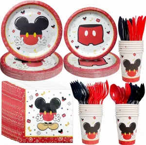 Mickey Birthday Party Supplies - Mickey Birthday Decorations Tableware, Dinner Plate, Dessert Plate, Napkin, Cup, Cutlery, Straw, Mickey Theme Party Decorations Dinnerware | For 24 Guests