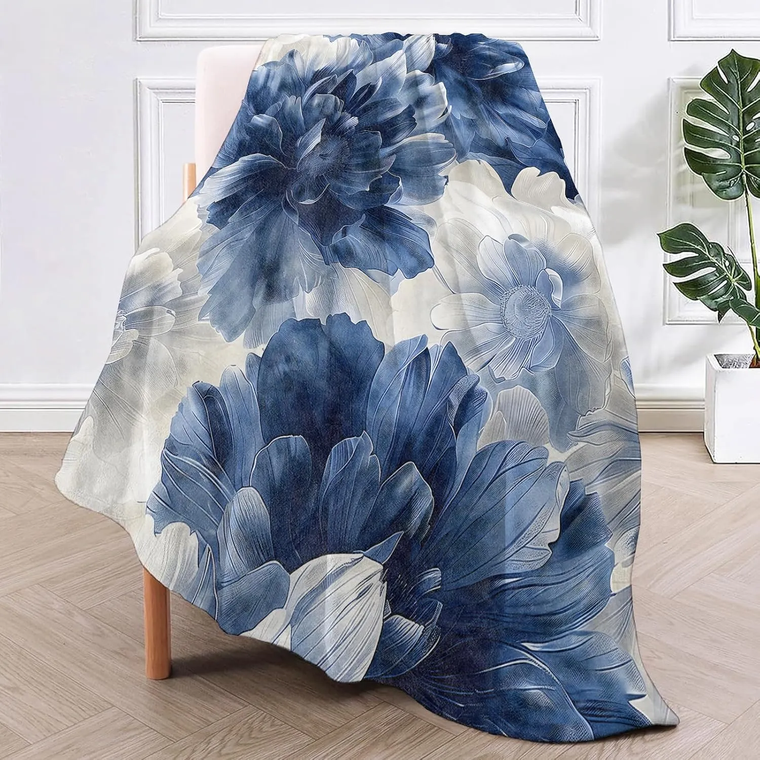 Midnight Bloom Floral Throw Blanket for Couch Outdoor Camping Bedroom Decor, Elegant Blue White Flower, Super Soft Cozy Warm Fluffy Fleece Blankets Gifts for Kids Adults Women, 80x60 Inch