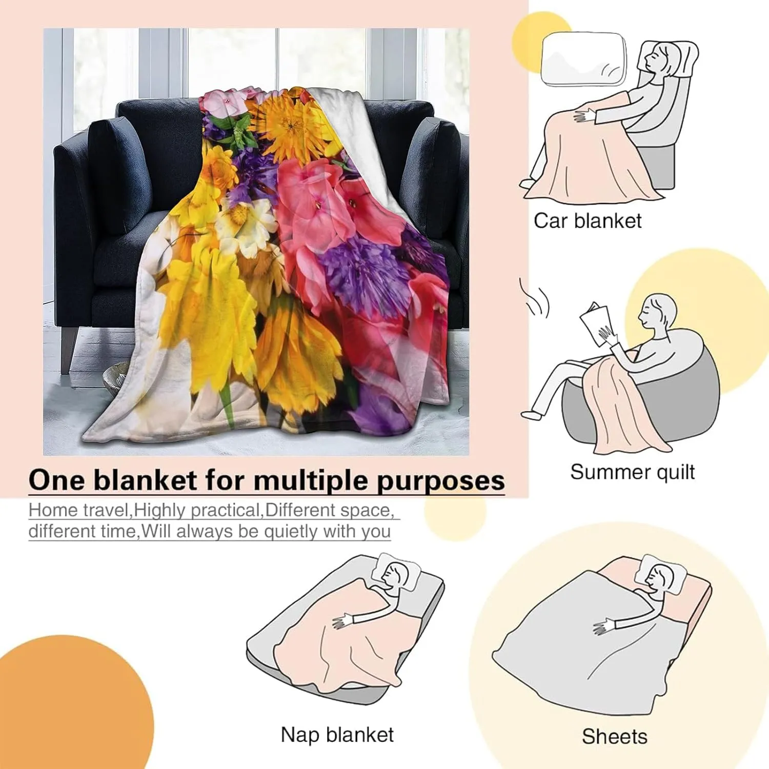 Midnight Bloom Floral Throw Blanket for Couch Outdoor Camping Bedroom Decor, Elegant Blue White Flower, Super Soft Cozy Warm Fluffy Fleece Blankets Gifts for Kids Adults Women, 80x60 Inch
