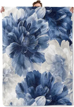 Midnight Bloom Floral Throw Blanket for Couch Outdoor Camping Bedroom Decor, Elegant Blue White Flower, Super Soft Cozy Warm Fluffy Fleece Blankets Gifts for Kids Adults Women, 80x60 Inch