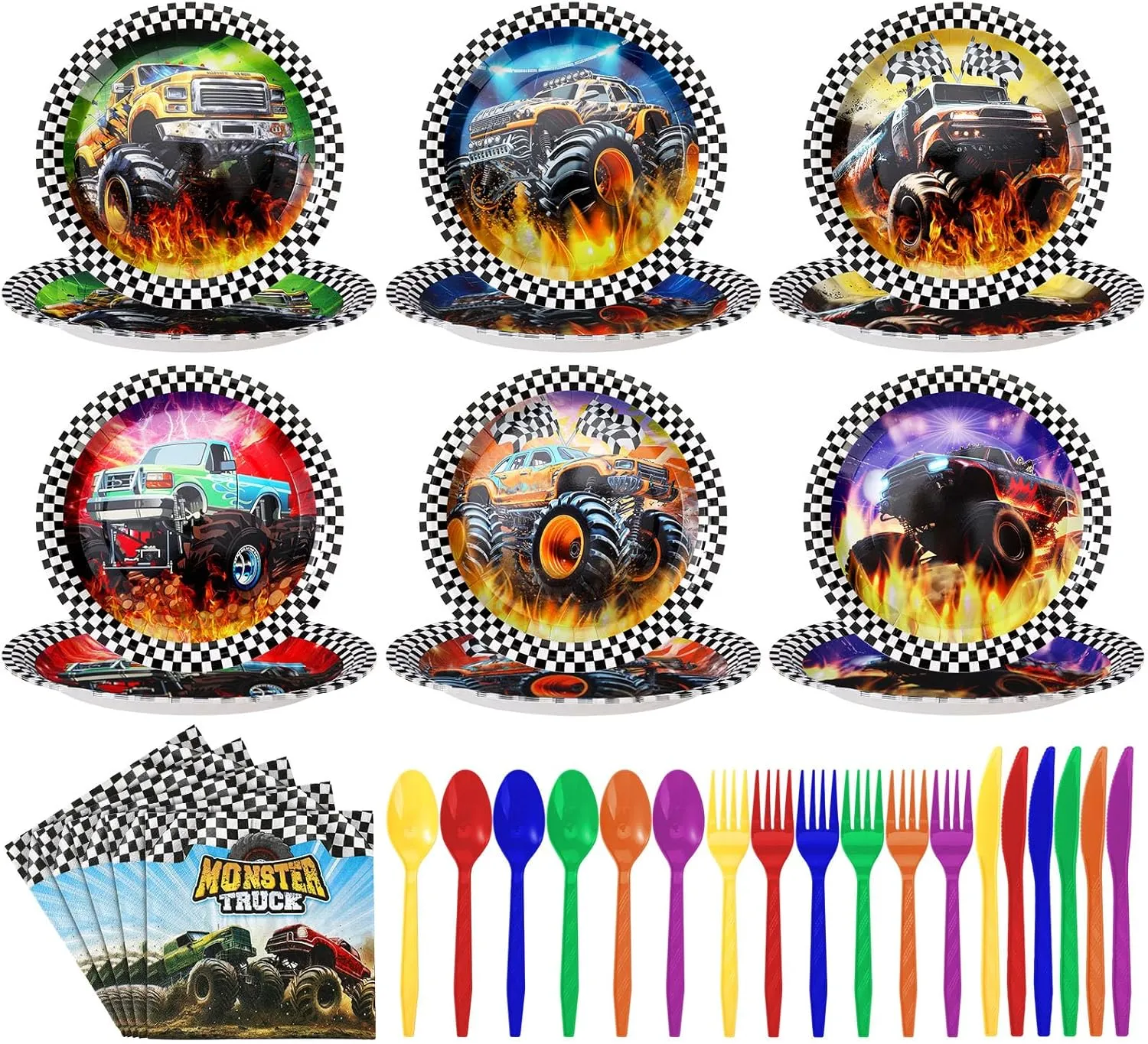 Mifoci 120 Pcs Truck Party Plates Napkins Forks Knives Spoons for Monster Truck Party Decorations, 24 Set Disposable Racing Car Tableware Set for Monster Birthday Supplies Serve 24 Guest