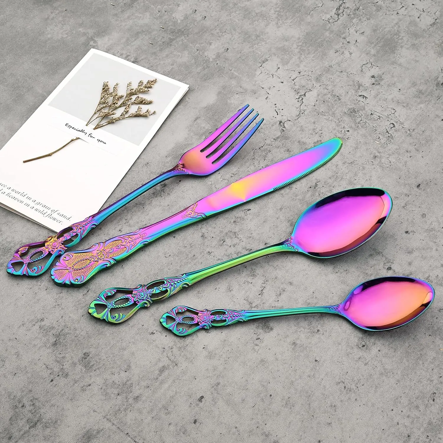 Mirror Polished Rainbow Silverware Set, 24-Piece 18/10 Stainless Steel Shiny Finish Flatware Service for 6, Kitchen Utensils, Tableware Cutlery for Home Restaurant, Dishwasher Safe