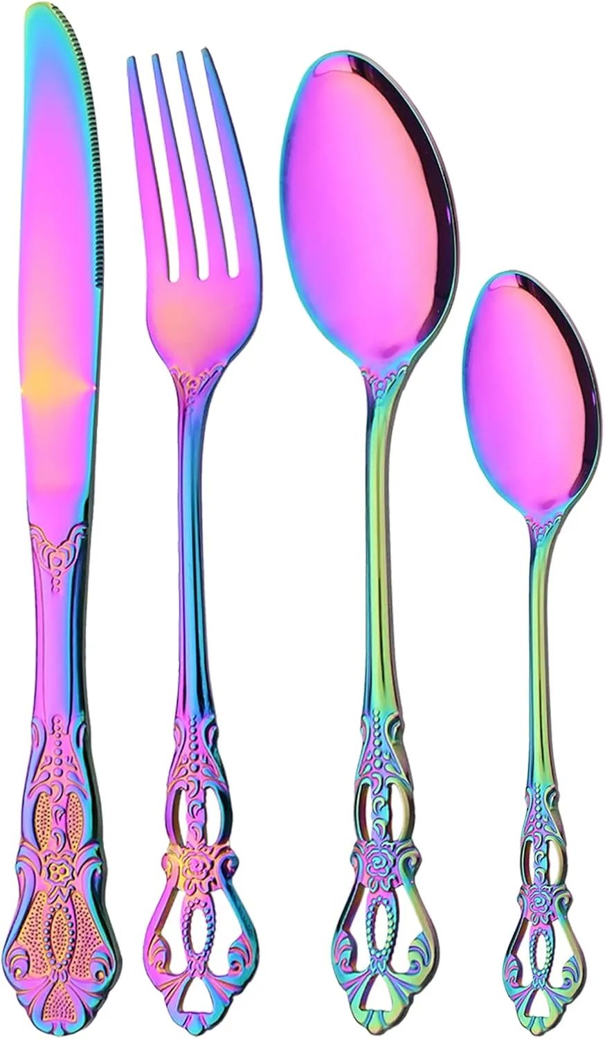 Mirror Polished Rainbow Silverware Set, 24-Piece 18/10 Stainless Steel Shiny Finish Flatware Service for 6, Kitchen Utensils, Tableware Cutlery for Home Restaurant, Dishwasher Safe
